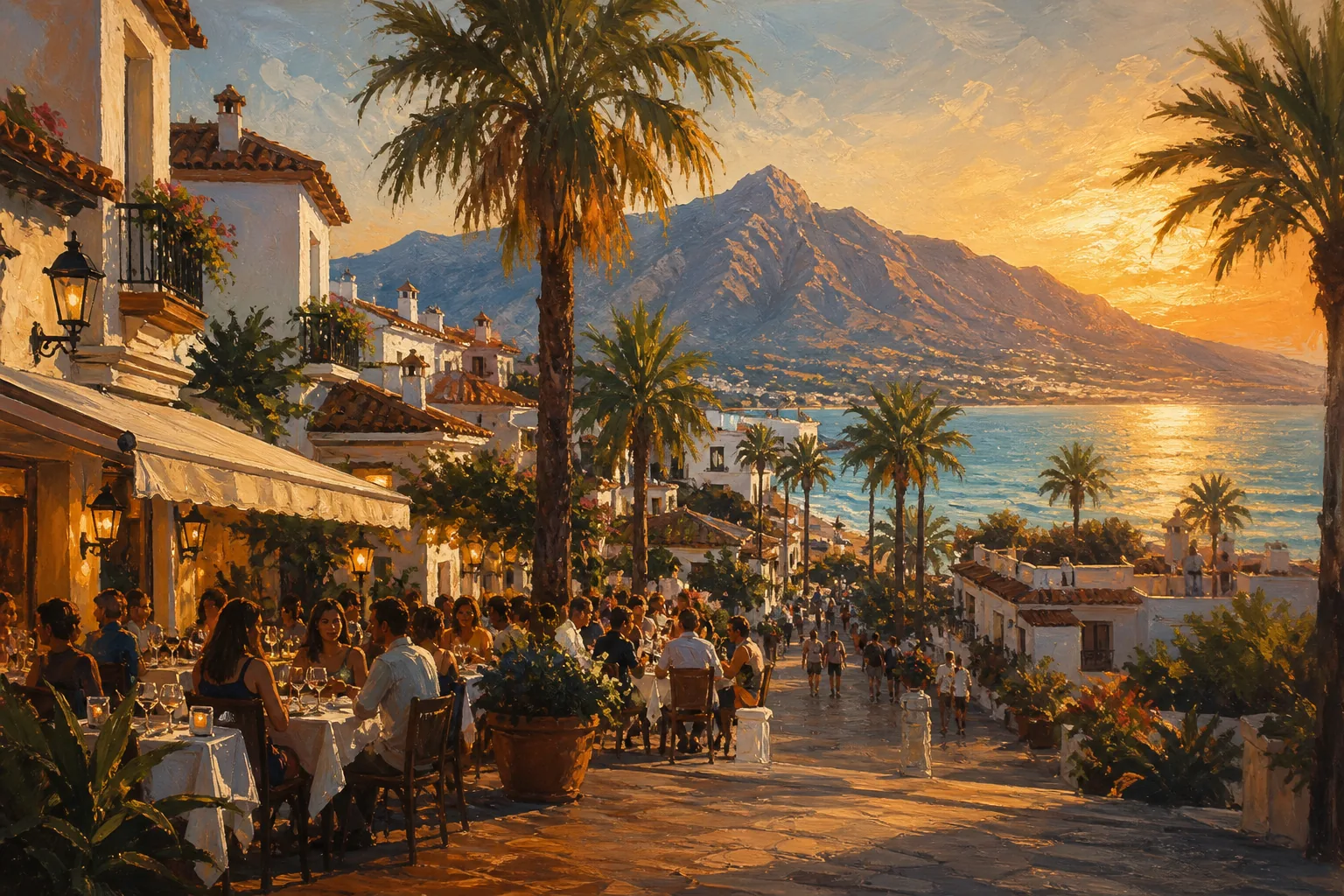 Golden hour over San Pedro de Alcántara — palm-lined restaurant terraces facing the Mediterranean